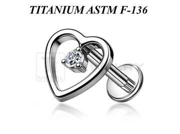 Лабрет из титана Ti Metal сердце с фианитом